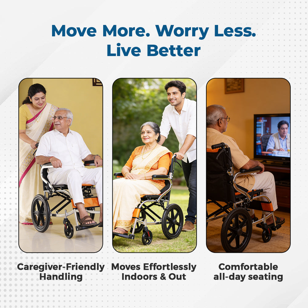 Hero Ecomed Winn 202 L | Lightweight Manual Aluminium Wheelchair | Foldable Frame | Flippable Backrest | Attendant Brake | Easy Portable Wheelchair For Patients & Elderly | 100 kg Capacity