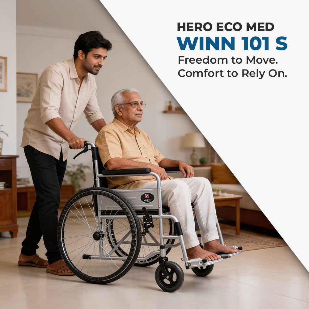 Hero Ecomed Winn 101 S | Manual Wheelchair | Powder Coated Frame | Foldable Backrest | Propelling Ring | Attendant Brake | Easy Portable Wheelchair For Patients & Elderly | 100 kg Capacity