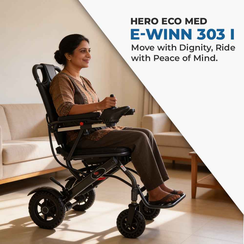 Hero Ecomed - E-Winn 303 I Electric Wheelchair | Lightweight Foldable Aluminium Wheelchair | Lithium Battery & Joystick Control | 17.7 kg Portable Design | Mobility Support for Elderly & Disabled | 100 kg Capacity