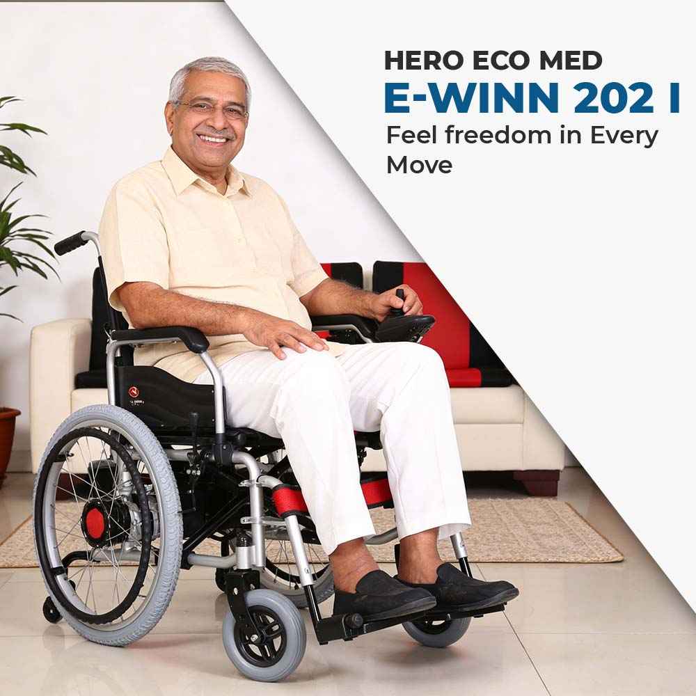 Hero Ecomed E-Winn 202 I | Electric Wheelchair | Strong MS Frame | LFP Lithium Battery | Flippable Armrest | 5-Speed Controller | Electric Wheelchair For Patients & Elderly | 110 kg capacity