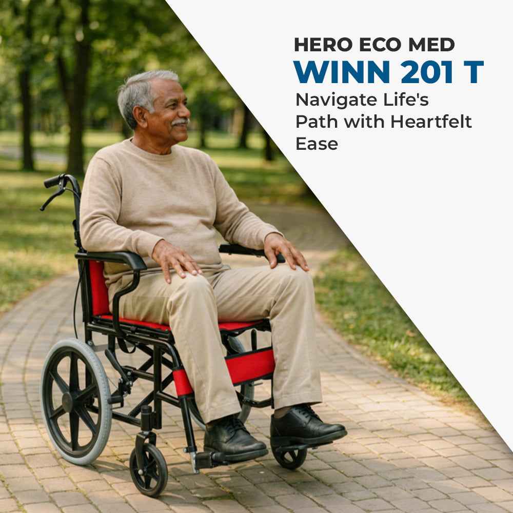 Hero Ecomed - Winn 201 T | Manual Wheelchair | Lightweight Foldable Attendant Mobility with Brakes & Compact Rear Wheels | Portable Transport Wheelchair for Elderly & Patients