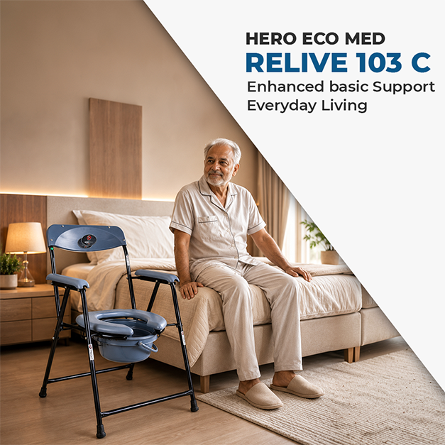 Hero Ecomed ReLive 103 C | Commode Chair | Powder Coated Frame | Foldable | Padded Seat | Height Adjustable | Removable Pot | Commode Chair For Patients & Elderly