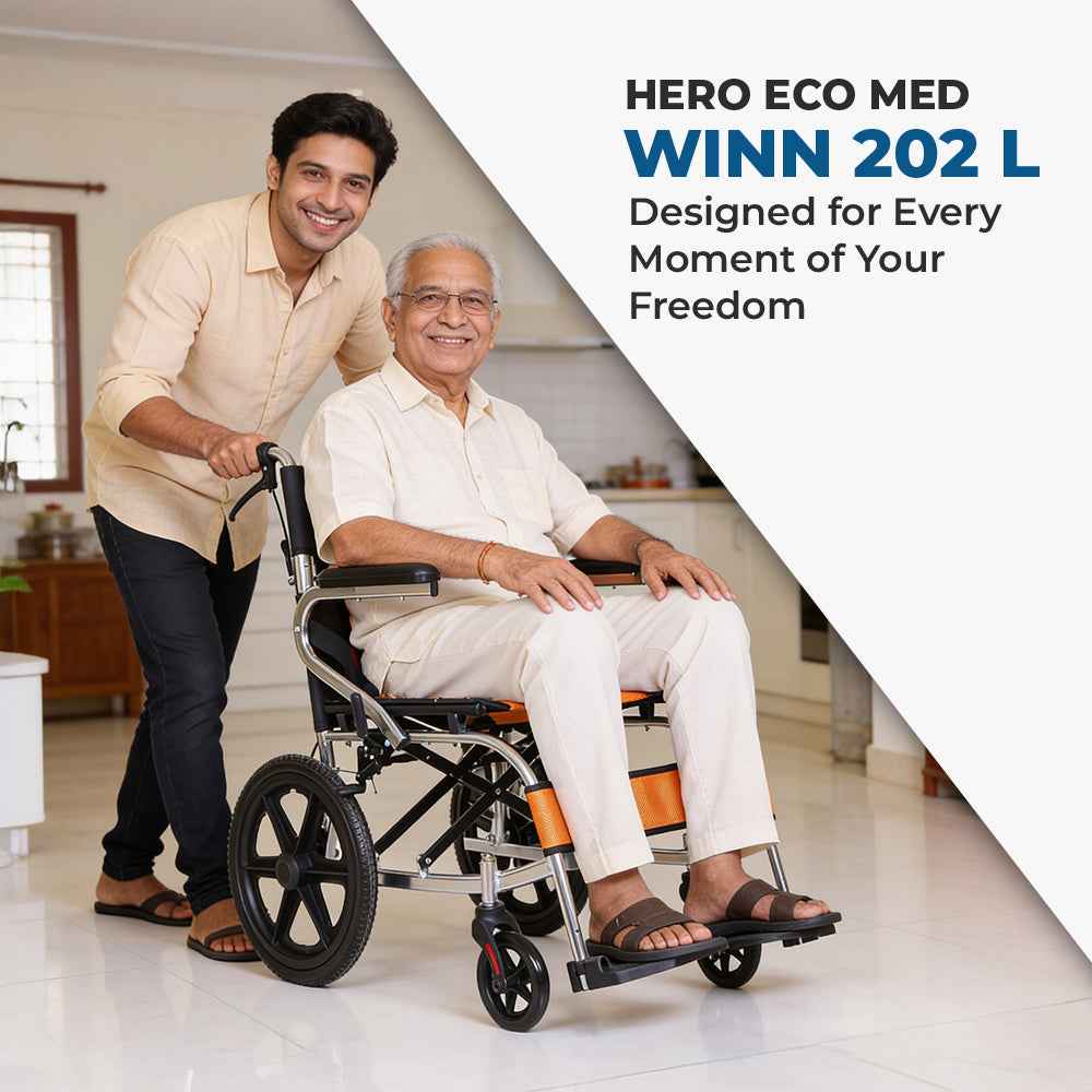 Hero Ecomed Winn 202 L | Lightweight Manual Aluminium Wheelchair | Foldable Frame | Flippable Backrest | Attendant Brake | Easy Portable Wheelchair For Patients & Elderly | 100 kg Capacity