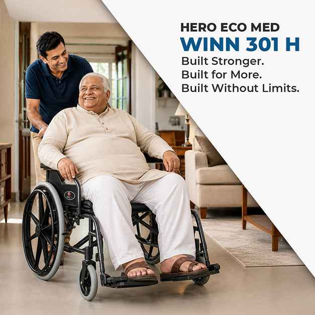 Hero Ecomed - Winn 301 H Manual Wheelchair | Heavy-Duty Foldable Mobility Chair with Antimicrobial & Fire-retardant Upholstery | 120 kg Capacity | Self Use & Attendant Use Wheelchair