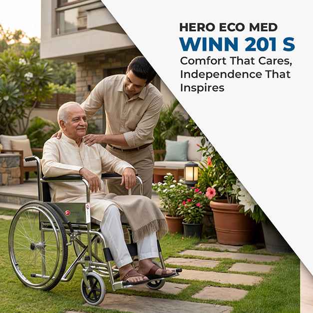Hero Ecomed - Winn 201 S Manual Foldable Wheelchair | Height-Adjustable Chrome Frame | Propelling Ring | Portable Wheelchair Mobility Chair  for Elderly & Patients | 100 kg Capacity