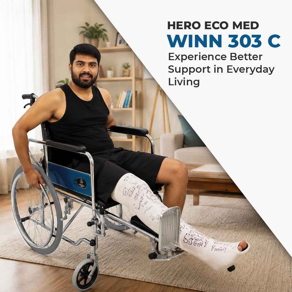 Hero Ecomed Winn 303 C | Manual Wheelchair with Propelling Ring | Chrome Plated MS Frame | High Back Foldable Wheelchair | Commode Provision | For Patients & Elderly | 100 kg Capacity