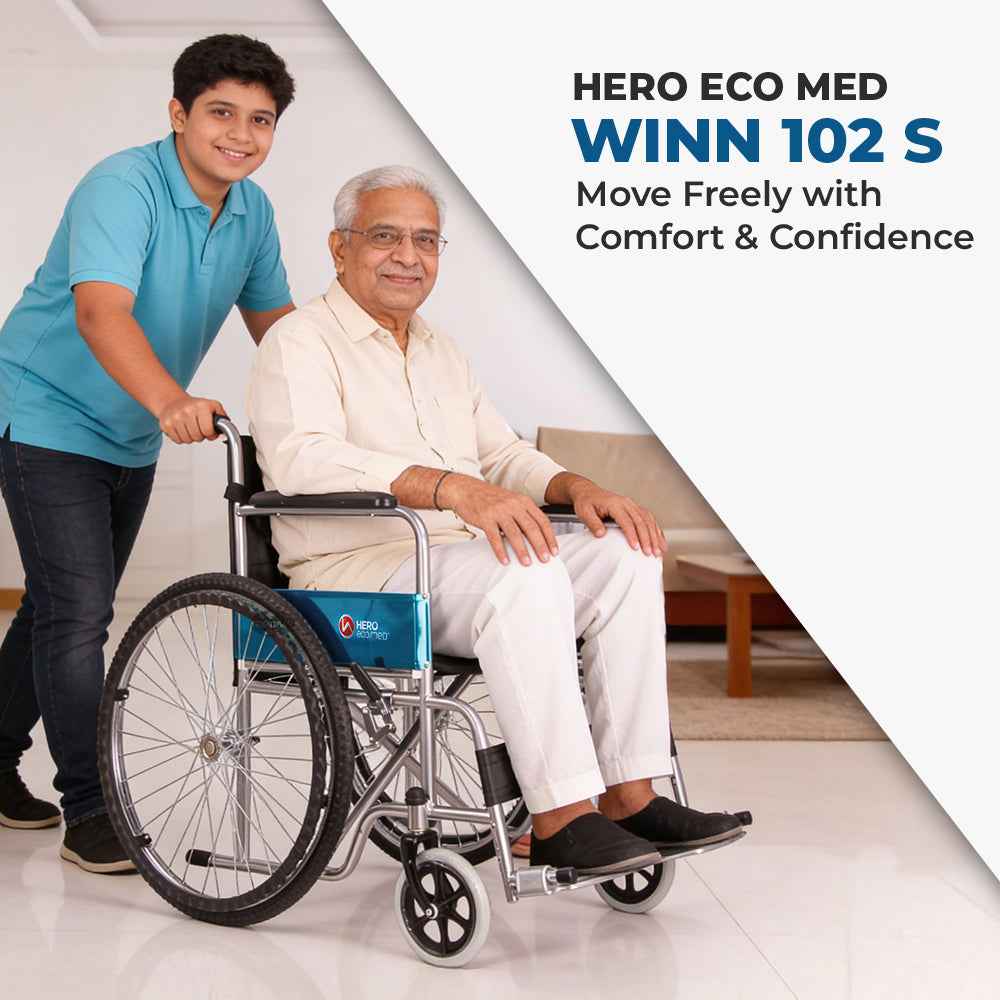 Hero Ecomed Winn 102 S | Manual Wheelchair | Powder Coated Frame | Foldable Backrest | Propelling Ring | Detachable Footrest | Easy Portable Wheelchair For Patients & Elderly | 100 kg Capacity