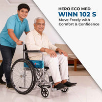Hero Ecomed Winn 102 S | Manual Wheelchair | Powder Coated Frame | Foldable Backrest | Propelling Ring | Detachable Footrest | Easy Portable Wheelchair For Patients & Elderly | 100 kg Capacity
