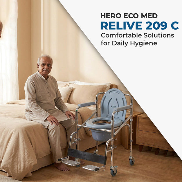 Hero Ecomed ReLive 209 C | Commode Chair with Footrest & Wheels | Chrome Plated Frame | Foldable | Padded Seat | Removable Pot | Mobile Commode Chair For Patients & Elderly