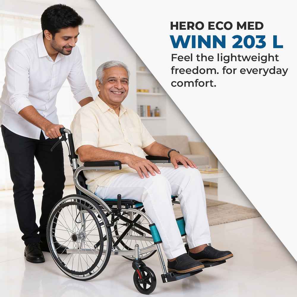 Hero Ecomed Winn 203 L | Lightweight Manual Aluminium Wheelchair | Foldable Frame | Flippable Backrest | Propelling Ring | Easy Portable Wheelchair For Patients & Elderly | 100 kg Capacity