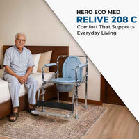Hero Ecomed ReLive 208 C | Commode Chair with Footrest | Chrome Plated Frame | Foldable | Padded Seat | Height Adjustable | Removable Pot | For Patients & Elderly