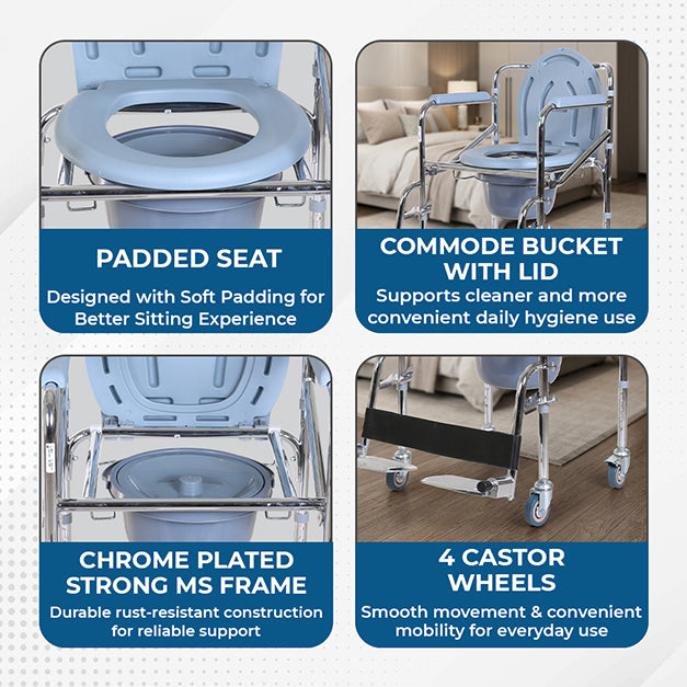 Hero Ecomed ReLive 209 C | Commode Chair with Footrest & Wheels | Chrome Plated Frame | Foldable | Padded Seat | Removable Pot | Mobile Commode Chair For Patients & Elderly