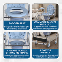 Hero Ecomed ReLive 209 C | Commode Chair with Footrest & Wheels | Chrome Plated Frame | Foldable | Padded Seat | Removable Pot | Mobile Commode Chair For Patients & Elderly