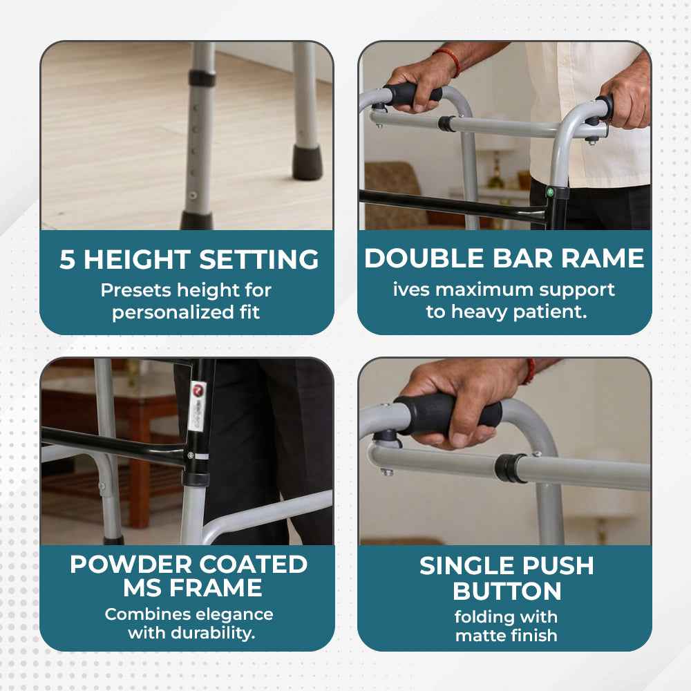Hero Ecomed - Liberty 101 W | Foldable Walker | Heavy-Duty Double Bar Walking Aid | Anti-Slip Rubber | Mobility Support for Elderly & Injury Recovery | 100 kg Capacity