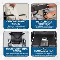 Hero Ecomed- Winn 202 C Manual Commode Wheelchair | Foldable Chrome Frame | Detachable Commode Bucket | Portable Wheelchair for Patients & Elderly | 100 kg Capacity