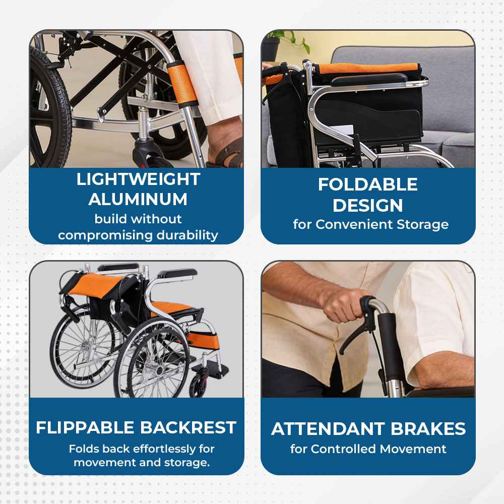 Hero Ecomed Winn 202 L | Lightweight Manual Aluminium Wheelchair | Foldable Frame | Flippable Backrest | Attendant Brake | Easy Portable Wheelchair For Patients & Elderly | 100 kg Capacity