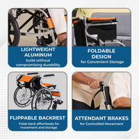 Hero Ecomed Winn 202 L | Lightweight Manual Aluminium Wheelchair | Foldable Frame | Flippable Backrest | Attendant Brake | Easy Portable Wheelchair For Patients & Elderly | 100 kg Capacity