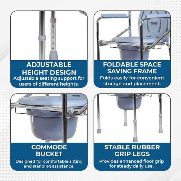 Hero Ecomed ReLive 205 C | Commode Chair | Chrome Plated Frame | Foldable | Height Adjustable | Removable Pot | Commode Chair For Patients & Elderly | Lightweight & Portable