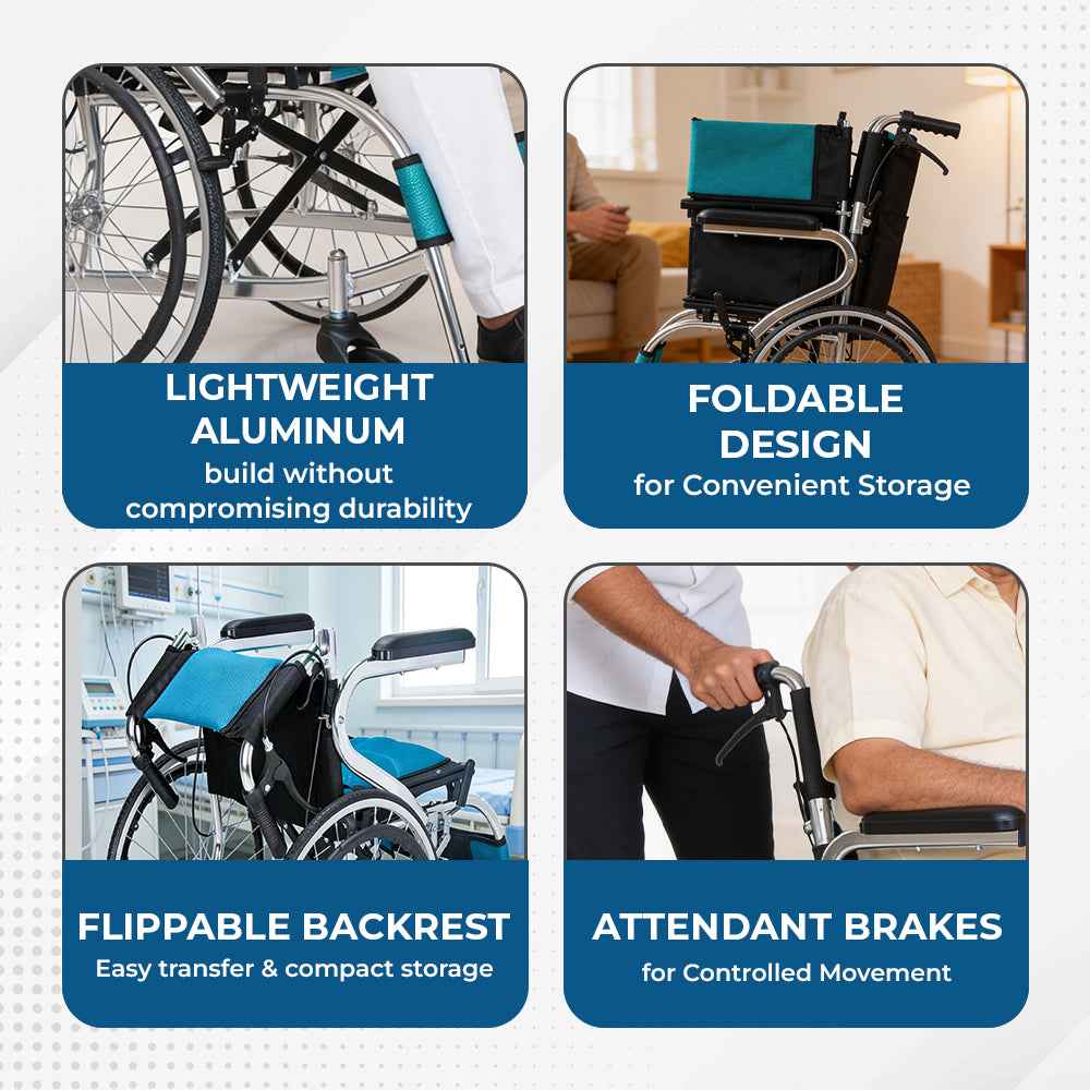 Hero Ecomed Winn 203 L | Lightweight Manual Aluminium Wheelchair | Foldable Frame | Flippable Backrest | Propelling Ring | Easy Portable Wheelchair For Patients & Elderly | 100 kg Capacity