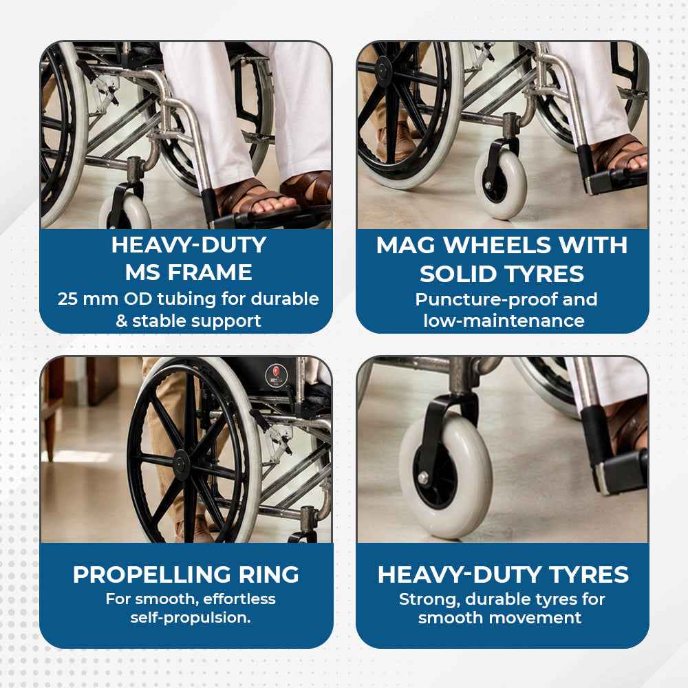 Hero Ecomed - Winn 301 H Manual Wheelchair | Heavy-Duty Foldable Mobility Chair with Antimicrobial & Fire-retardant Upholstery | 120 kg Capacity | Self Use & Attendant Use Wheelchair