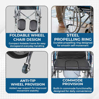 Hero Ecomed Winn 303 C | Manual Wheelchair with Propelling Ring | Chrome Plated MS Frame | High Back Foldable Wheelchair | Commode Provision | For Patients & Elderly | 100 kg Capacity