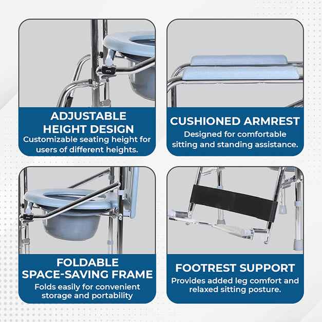 Hero Ecomed ReLive 208 C | Commode Chair with Footrest | Chrome Plated Frame | Foldable | Padded Seat | Height Adjustable | Removable Pot | For Patients & Elderly