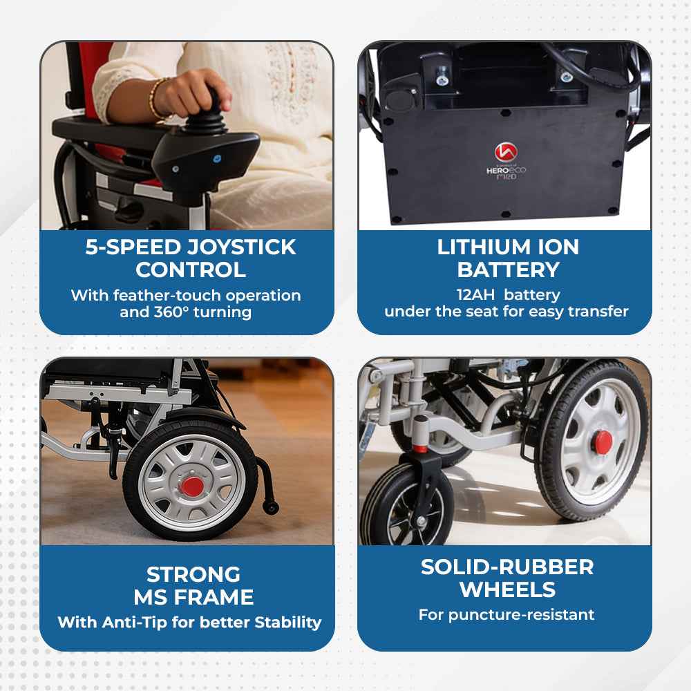 Hero Ecomed E-Winn 304 I Reclining Electric Wheelchair | Foldable Powered Wheelchair with Joystick Control | Oxford and mesh cloth upholstery | Mobility for Elderly & Disabled | 120 kg Capacity