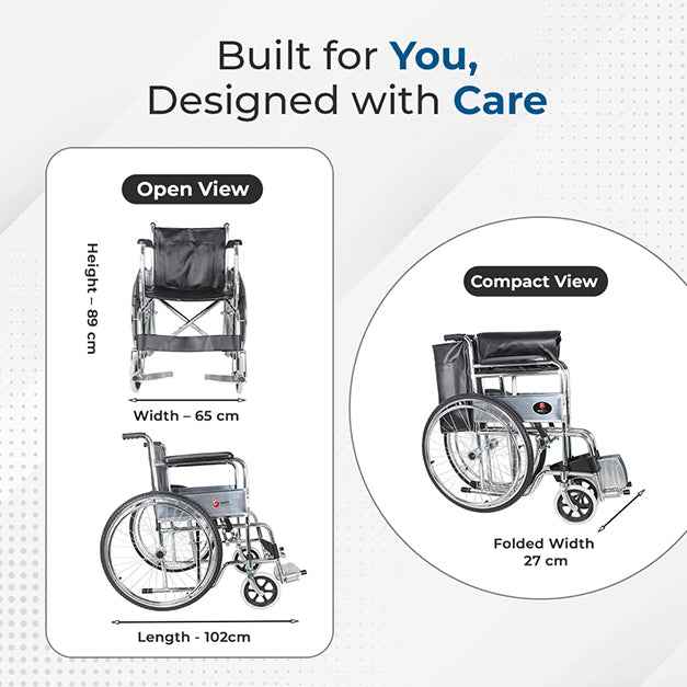 Hero Ecomed - Winn 201 S Manual Foldable Wheelchair | Height-Adjustable Chrome Frame | Propelling Ring | Portable Wheelchair Mobility Chair  for Elderly & Patients | 100 kg Capacity
