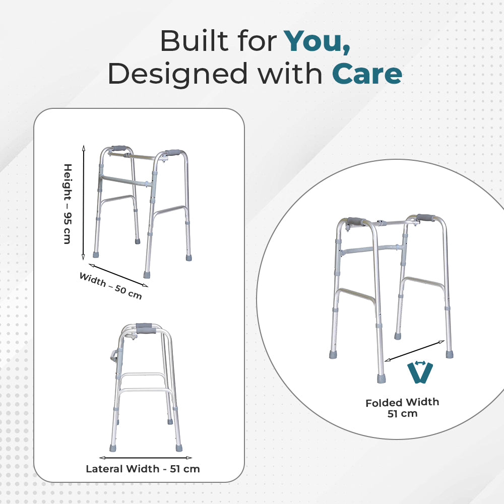 Hero Ecomed - Liberty 203 W | Foldable Walker | Lightweight Adjustable Aluminium Walking Aid with Anti-Slip Rubber Legs | Height Adjustable | Mobility Support for Elderly, Injury Recovery & Daily Walking Use