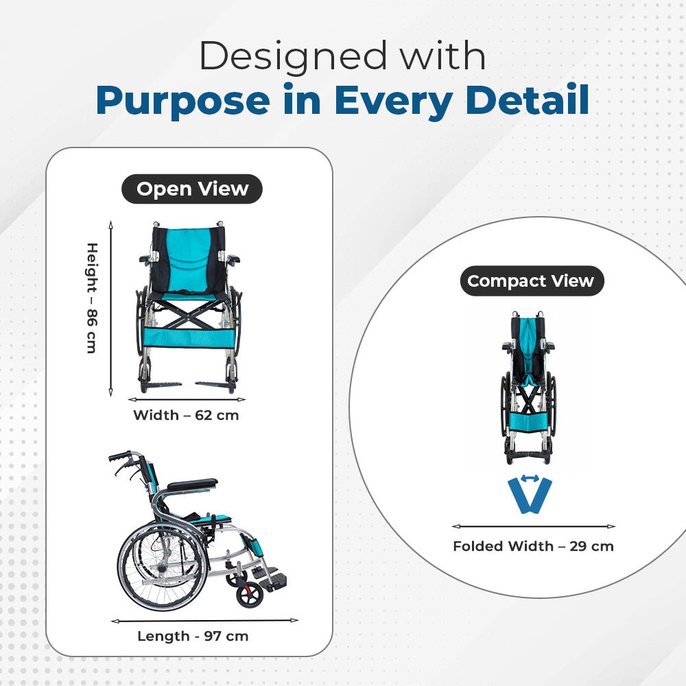 Hero Ecomed Winn 203 L | Lightweight Manual Aluminium Wheelchair | Foldable Frame | Flippable Backrest | Propelling Ring | Easy Portable Wheelchair For Patients & Elderly | 100 kg Capacity