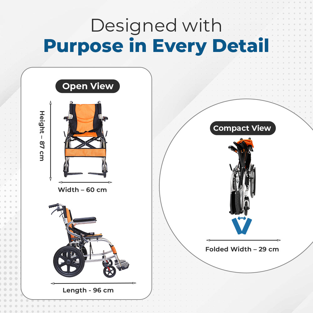 Hero Ecomed Winn 202 L | Lightweight Manual Aluminium Wheelchair | Foldable Frame | Flippable Backrest | Attendant Brake | Easy Portable Wheelchair For Patients & Elderly | 100 kg Capacity