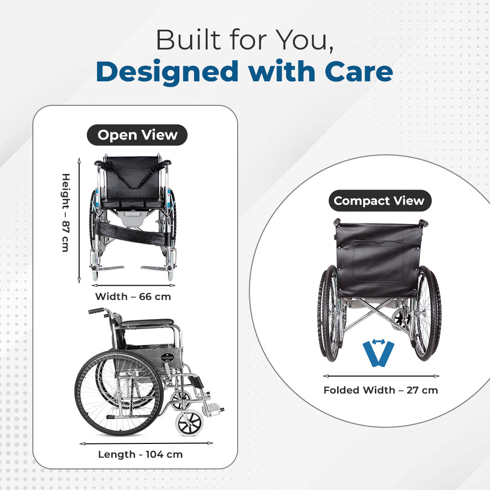 Hero Ecomed- Winn 202 C Manual Commode Wheelchair | Foldable Chrome Frame | Detachable Commode Bucket | Portable Wheelchair for Patients & Elderly | 100 kg Capacity