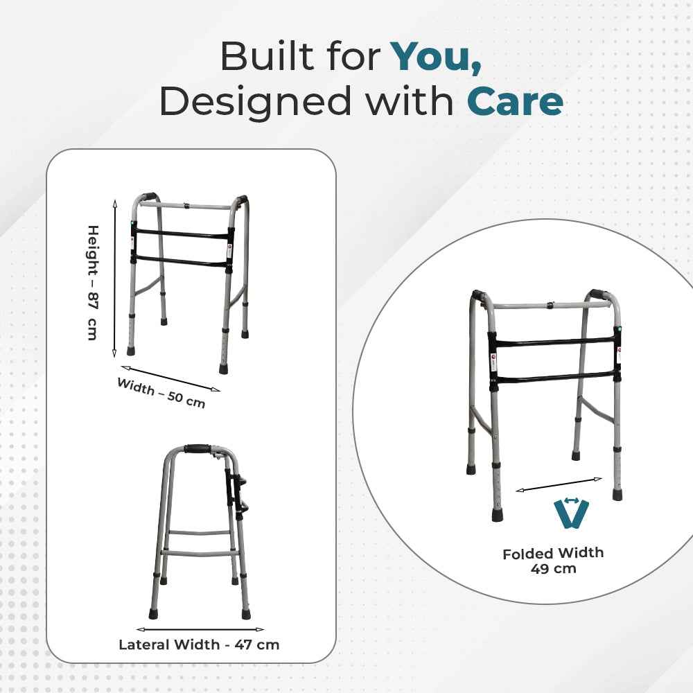 Hero Ecomed - Liberty 101 W | Foldable Walker | Heavy-Duty Double Bar Walking Aid | Anti-Slip Rubber | Mobility Support for Elderly & Injury Recovery | 100 kg Capacity