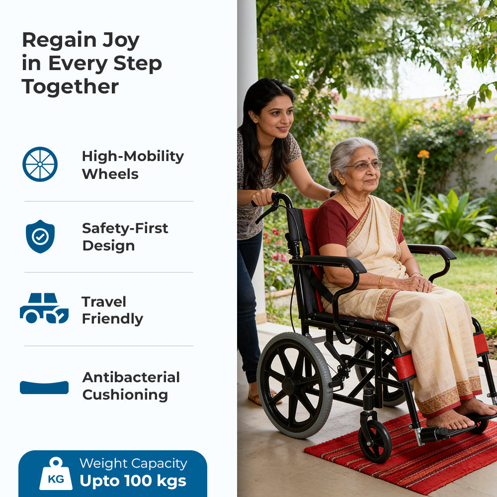 Hero Ecomed - Winn 201 T | Manual Wheelchair | Lightweight Foldable Attendant Mobility with Brakes & Compact Rear Wheels | Portable Transport Wheelchair for Elderly & Patients