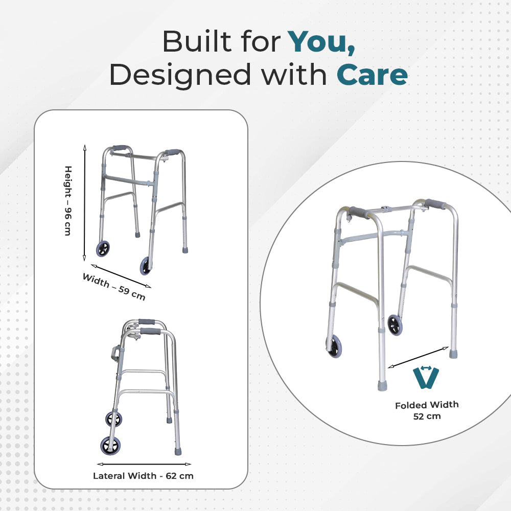 Hero Ecomed - Liberty 204 W | Foldable Walker  | Lightweight Adjustable Aluminum Reciprocal Walking Aid | Anti-Slip Rubber Legs | 100 kg Capacity | Mobility Support for Elderly & Injury Recovery