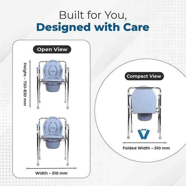 Hero Ecomed ReLive 205 C | Commode Chair | Chrome Plated Frame | Foldable | Height Adjustable | Removable Pot | Commode Chair For Patients & Elderly | Lightweight & Portable