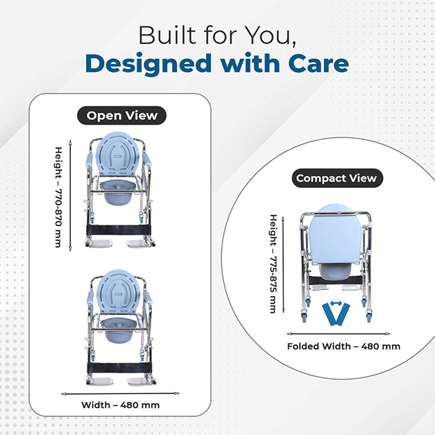 Hero Ecomed ReLive 209 C | Commode Chair with Footrest & Wheels | Chrome Plated Frame | Foldable | Padded Seat | Removable Pot | Mobile Commode Chair For Patients & Elderly