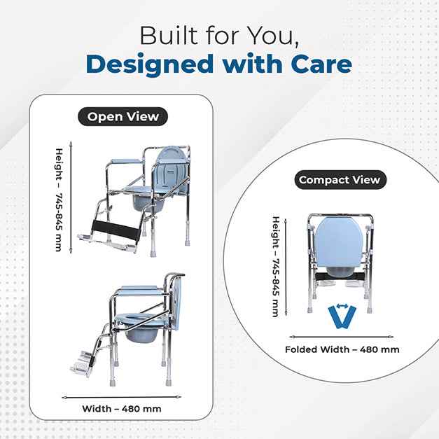 Hero Ecomed ReLive 208 C | Commode Chair with Footrest | Chrome Plated Frame | Foldable | Padded Seat | Height Adjustable | Removable Pot | For Patients & Elderly