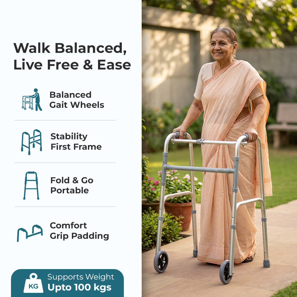 Hero Ecomed - Liberty 204 W | Foldable Walker  | Lightweight Adjustable Aluminum Reciprocal Walking Aid | Anti-Slip Rubber Legs | 100 kg Capacity | Mobility Support for Elderly & Injury Recovery