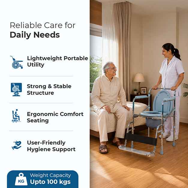 Hero Ecomed ReLive 208 C | Commode Chair with Footrest | Chrome Plated Frame | Foldable | Padded Seat | Height Adjustable | Removable Pot | For Patients & Elderly