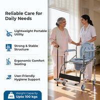 Hero Ecomed ReLive 209 C | Commode Chair with Footrest & Wheels | Chrome Plated Frame | Foldable | Padded Seat | Removable Pot | Mobile Commode Chair For Patients & Elderly