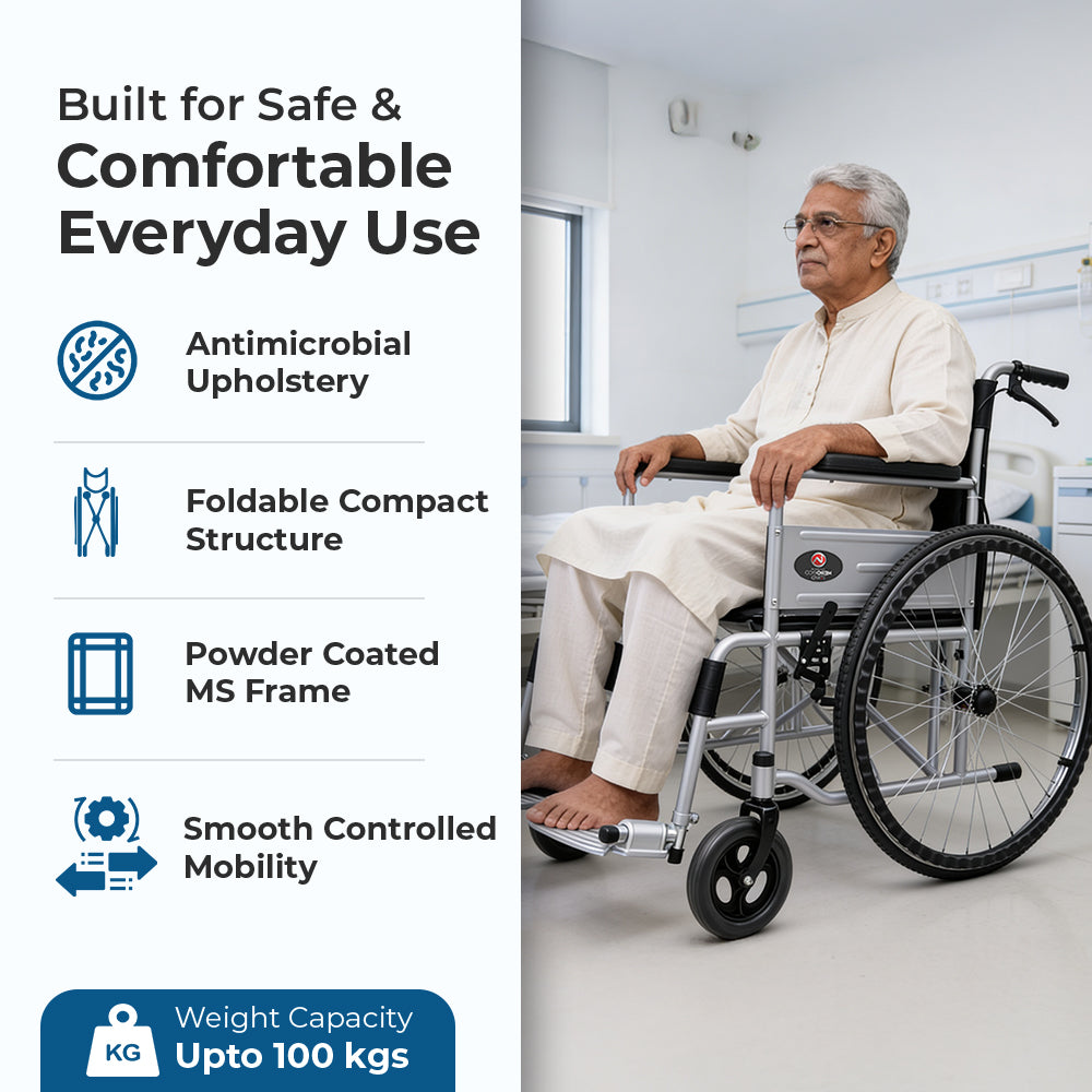 Hero Ecomed Winn 101 S | Manual Wheelchair | Powder Coated Frame | Foldable Backrest | Propelling Ring | Attendant Brake | Easy Portable Wheelchair For Patients & Elderly | 100 kg Capacity