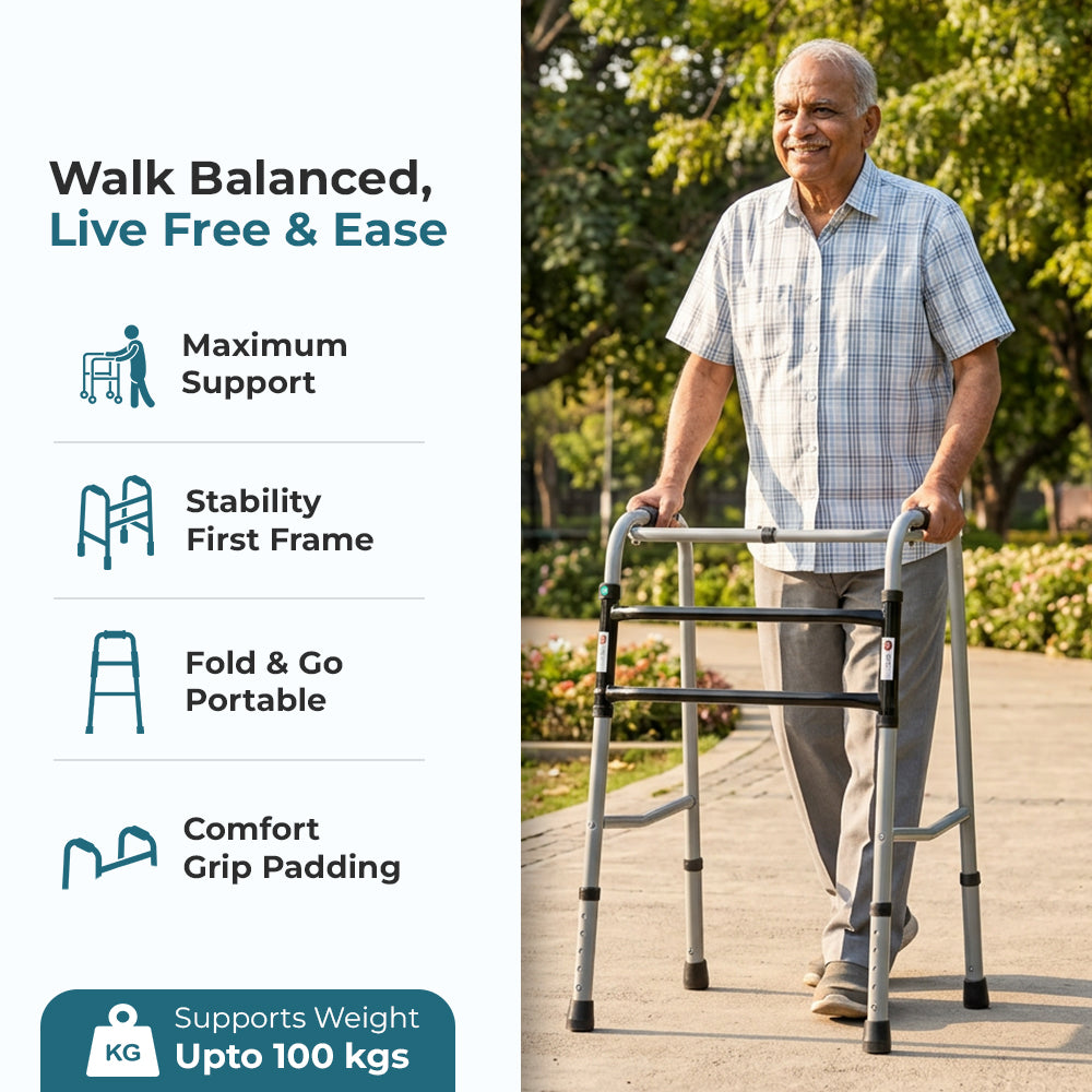 Hero Ecomed - Liberty 101 W | Foldable Walker | Heavy-Duty Double Bar Walking Aid | Anti-Slip Rubber | Mobility Support for Elderly & Injury Recovery | 100 kg Capacity