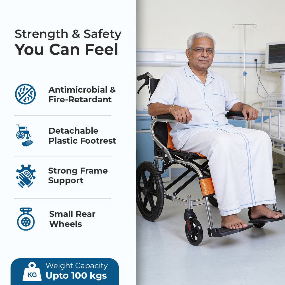 Hero Ecomed Winn 202 L | Lightweight Manual Aluminium Wheelchair | Foldable Frame | Flippable Backrest | Attendant Brake | Easy Portable Wheelchair For Patients & Elderly | 100 kg Capacity