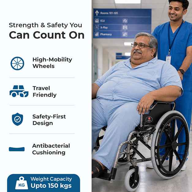 Hero Ecomed - Winn 301 H Manual Wheelchair | Heavy-Duty Foldable Mobility Chair with Antimicrobial & Fire-retardant Upholstery | 120 kg Capacity | Self Use & Attendant Use Wheelchair