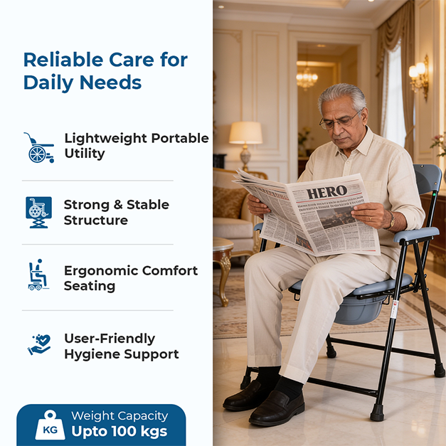 Hero Ecomed ReLive 103 C | Commode Chair | Powder Coated Frame | Foldable | Padded Seat | Height Adjustable | Removable Pot | Commode Chair For Patients & Elderly