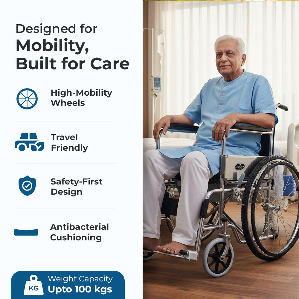 Hero Ecomed- Winn 202 C Manual Commode Wheelchair | Foldable Chrome Frame | Detachable Commode Bucket | Portable Wheelchair for Patients & Elderly | 100 kg Capacity