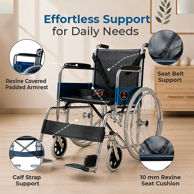 Hero Ecomed Winn 202 S | Manual Wheelchair | Chrome Plated Strong MS Frame | Foldable Wheelchair | Detachable Footrest | Wheelchair For Patients & Elderly | 100 kg Capacity