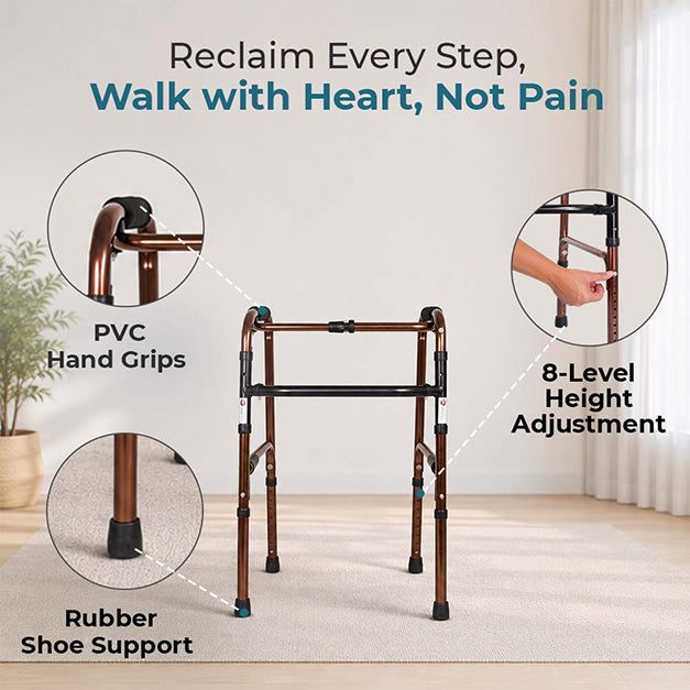 Hero Ecomed Liberty 202 W | Aluminium Reciprocal Walking Aid | 8-Level Snap Button Height Adjustment | Lightweight Foldable Walker for Adults | Capacity 100 kg