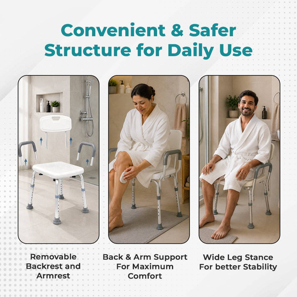 Hero Ecomed ReLive 102 Q | Aluminium Shower Chair with Backrest & Armrest | Adjustable Height Bathroom Chair | Non-Slip Bathing Chair for Adults & Recovery Patients | Capacity 100 kg